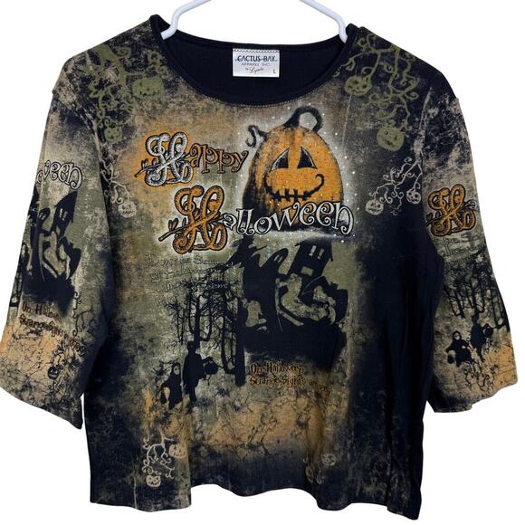 Cactus Bay “Happy Halloween” AOP Tee Large Spooky, Pumpkin, Ghosts, Embellished - Picture 1 of 6
